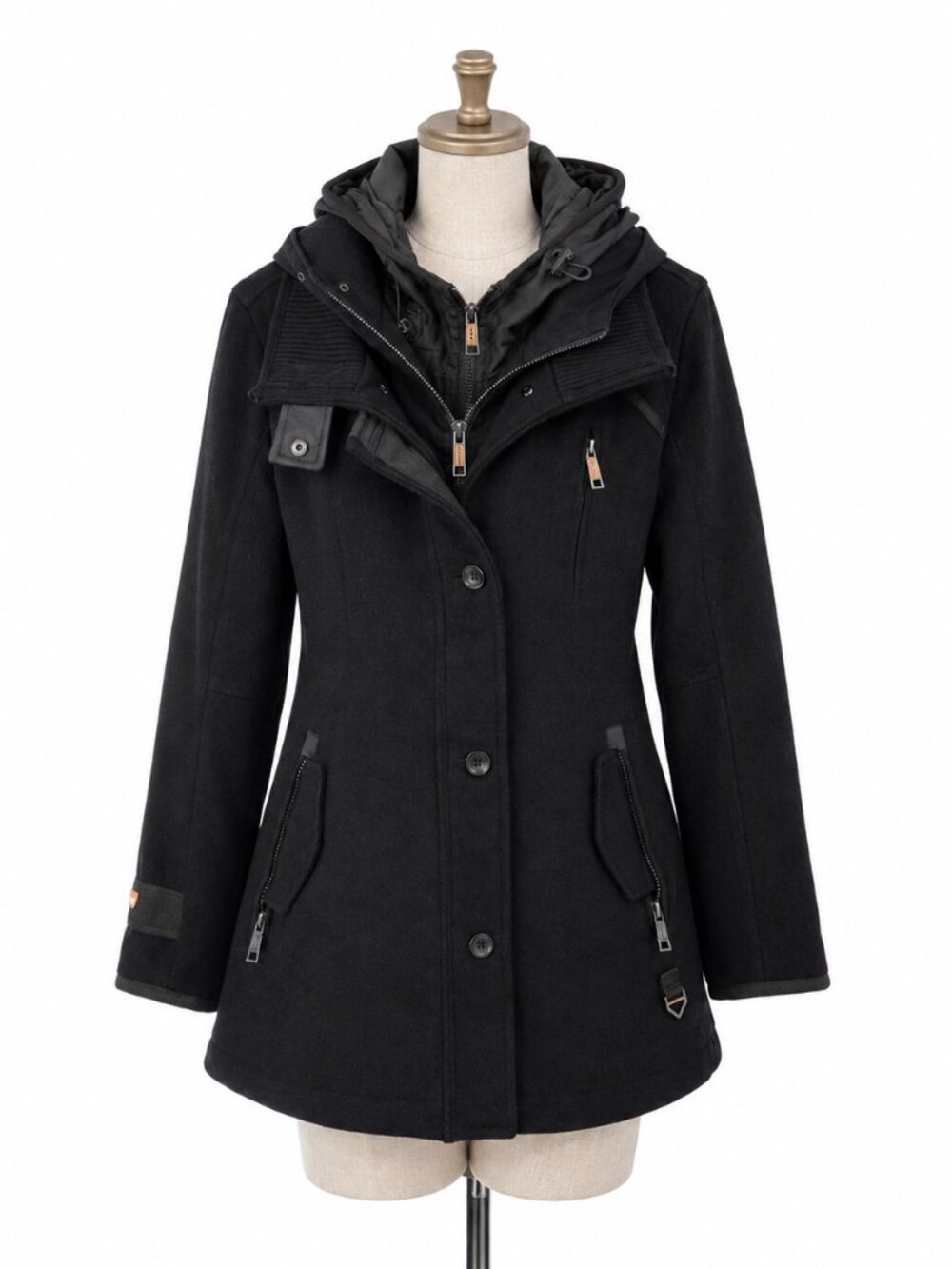 Superdry Womens 2 in 1 Wool Coat Hooded Peacoat Winter Multi Layer Zip Jacket L